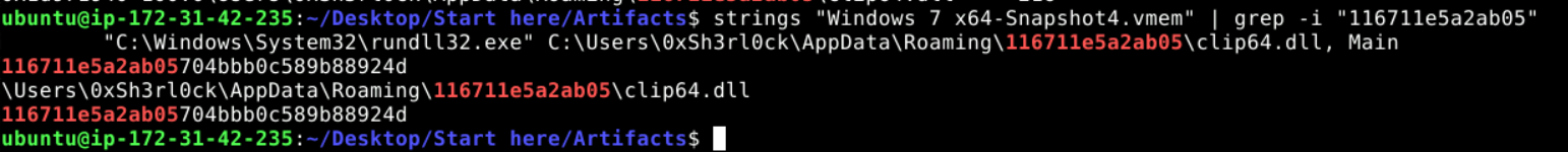 Strings output confirming rundll32.exe was used to execute clip64.dll from the AppData\Roaming\116711e5a2ab05 directory, with additional hash 704bbb0c589b88924d visible.